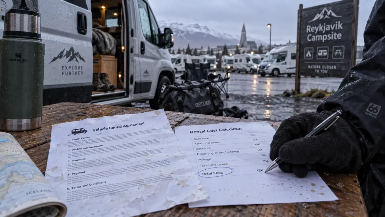 Location camping car Islande Reykjavik : van devant camping, contrat et thermos