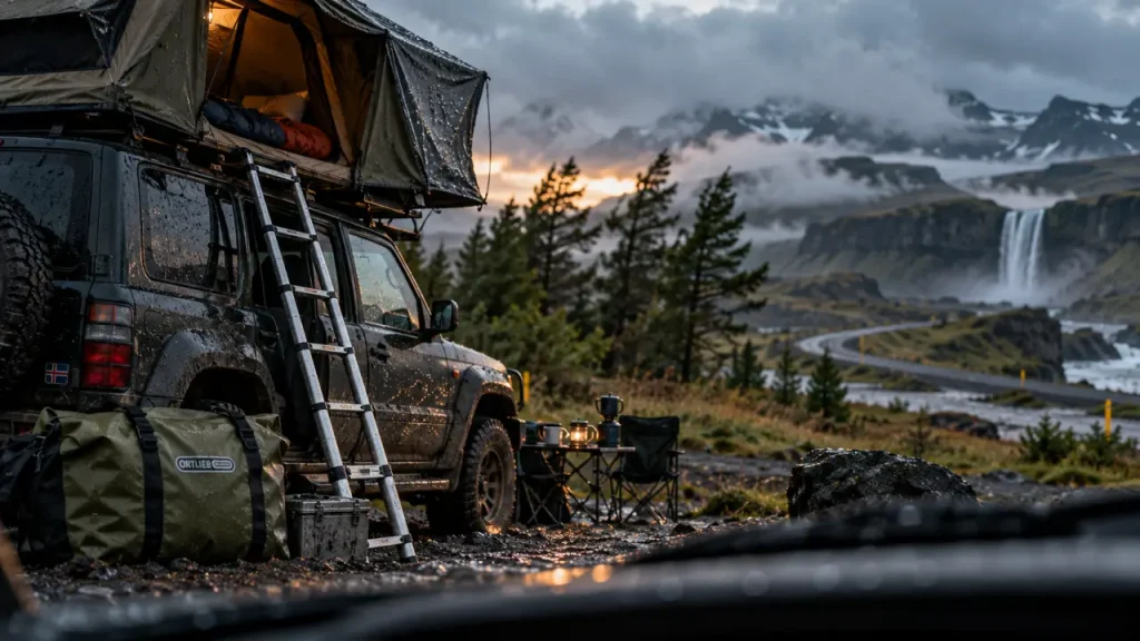 Location voiture tente en Islande : 4x4 et tente près du camping, vent fort