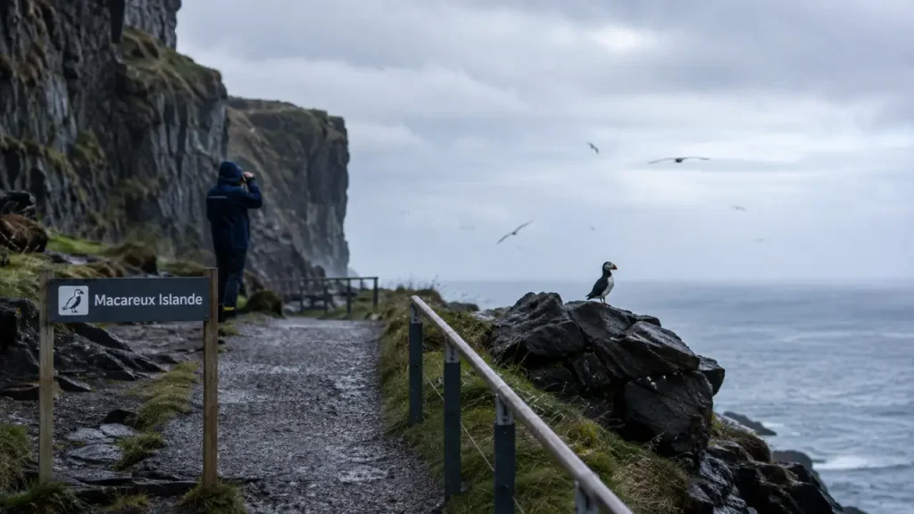 Macareux Islande : un photographe observe un macareux sur une corniche rocheuse