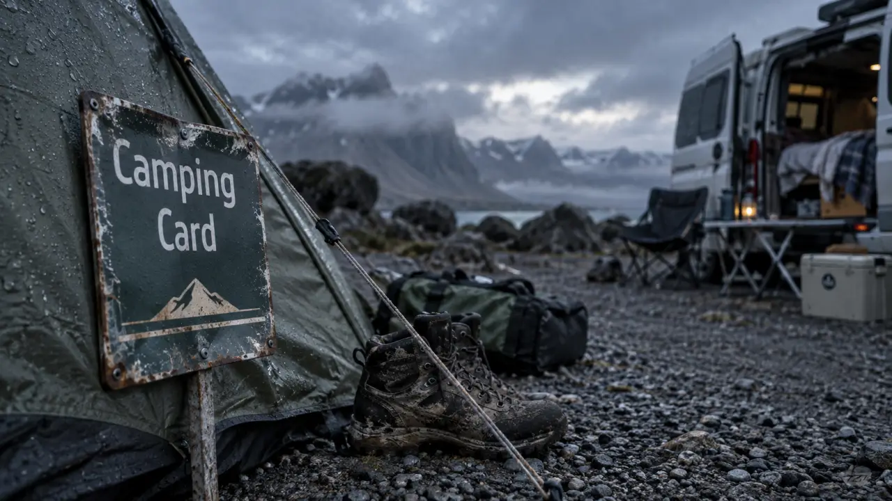 Meilleurs camping Islande : tjaldsvæði tente et van près du camping Card