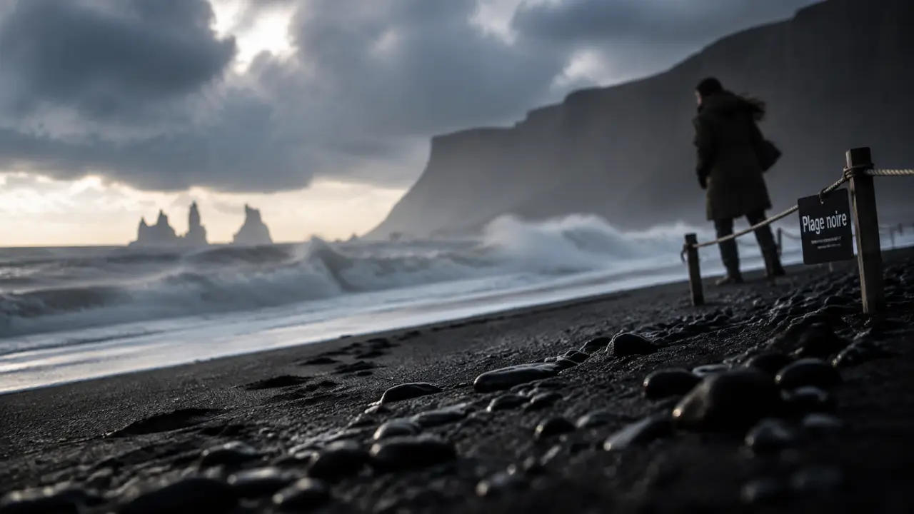 Plage sable noir en Islande, sable et vagues à Reynisfjara
