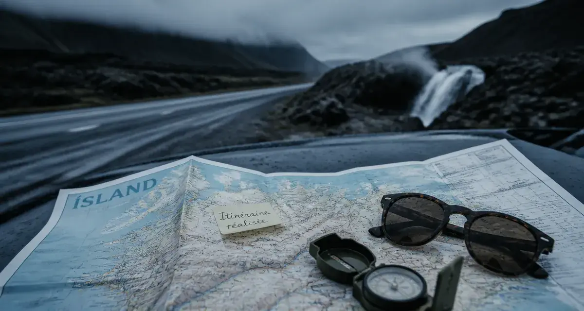 Planifier un road trip en Islande : carte froissée sur un 4x4, route humide et lave noire