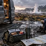 Prix road trip Islande : van sur parking de camping près des champs de lave