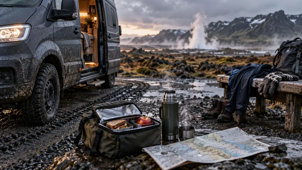 Prix road trip Islande : van sur parking de camping près des champs de lave