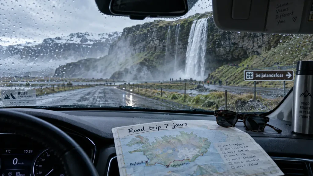 Road trip 1 semaine Islande : Seljalandsfoss, cascade et route humide depuis une voiture