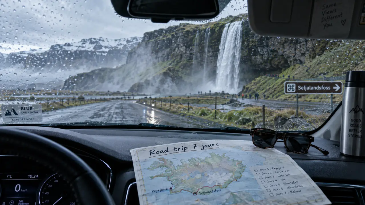 Road trip 1 semaine Islande : Seljalandsfoss, cascade et route humide depuis une voiture