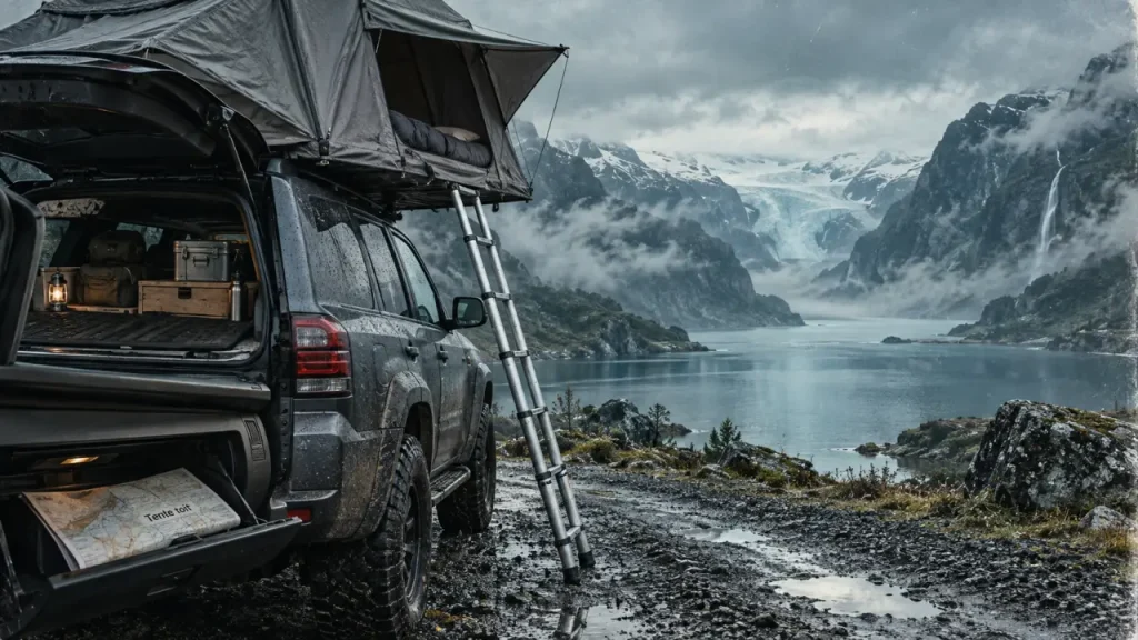 Road trip 4x4 tente de toit : tente sur 4x4 devant fjord islandais brumeux