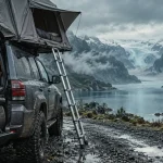 Road trip 4x4 tente de toit : tente sur 4x4 devant fjord islandais brumeux