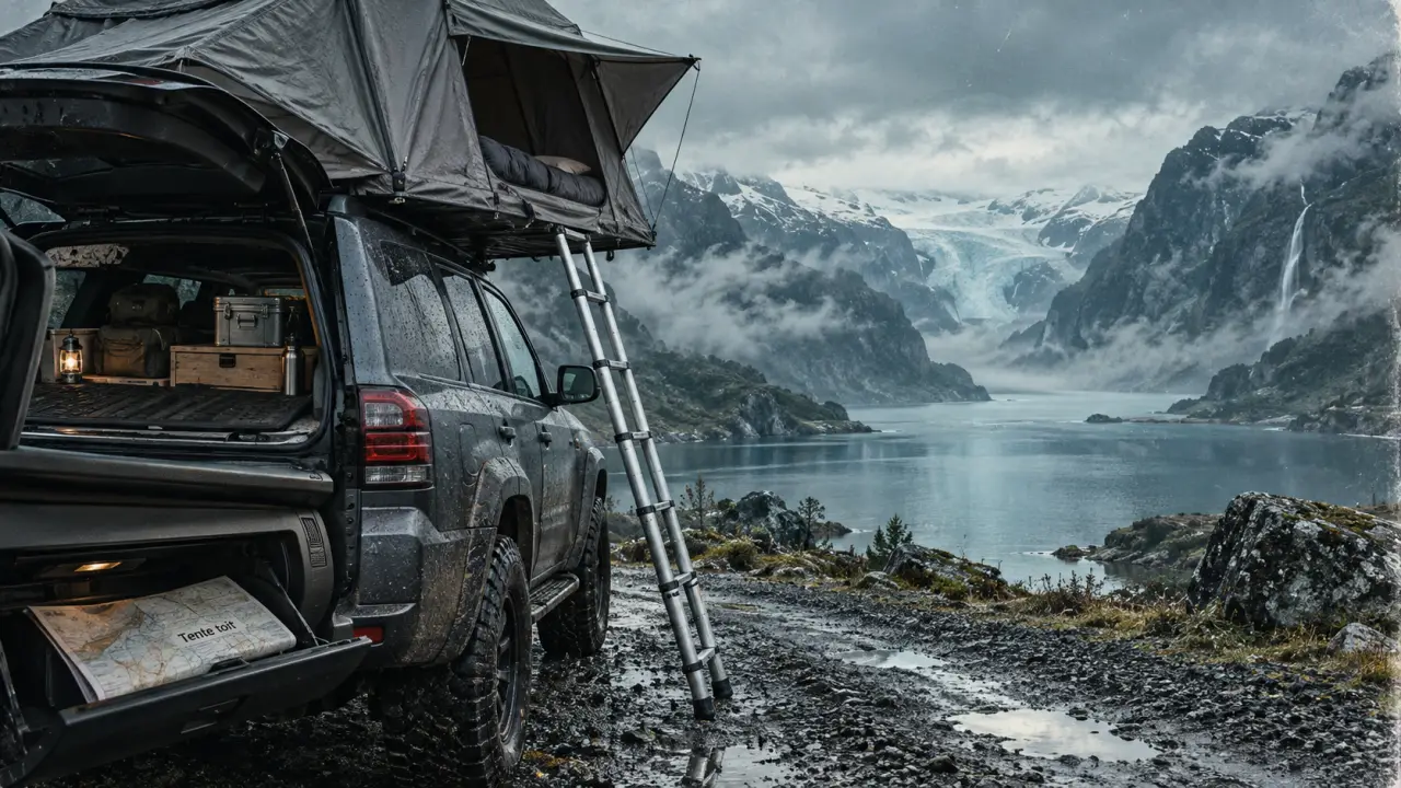 Road trip 4x4 tente de toit : tente sur 4x4 devant fjord islandais brumeux