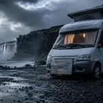 Road trip camping car en Islande sous météo froide, près d’une cascade brumeuse