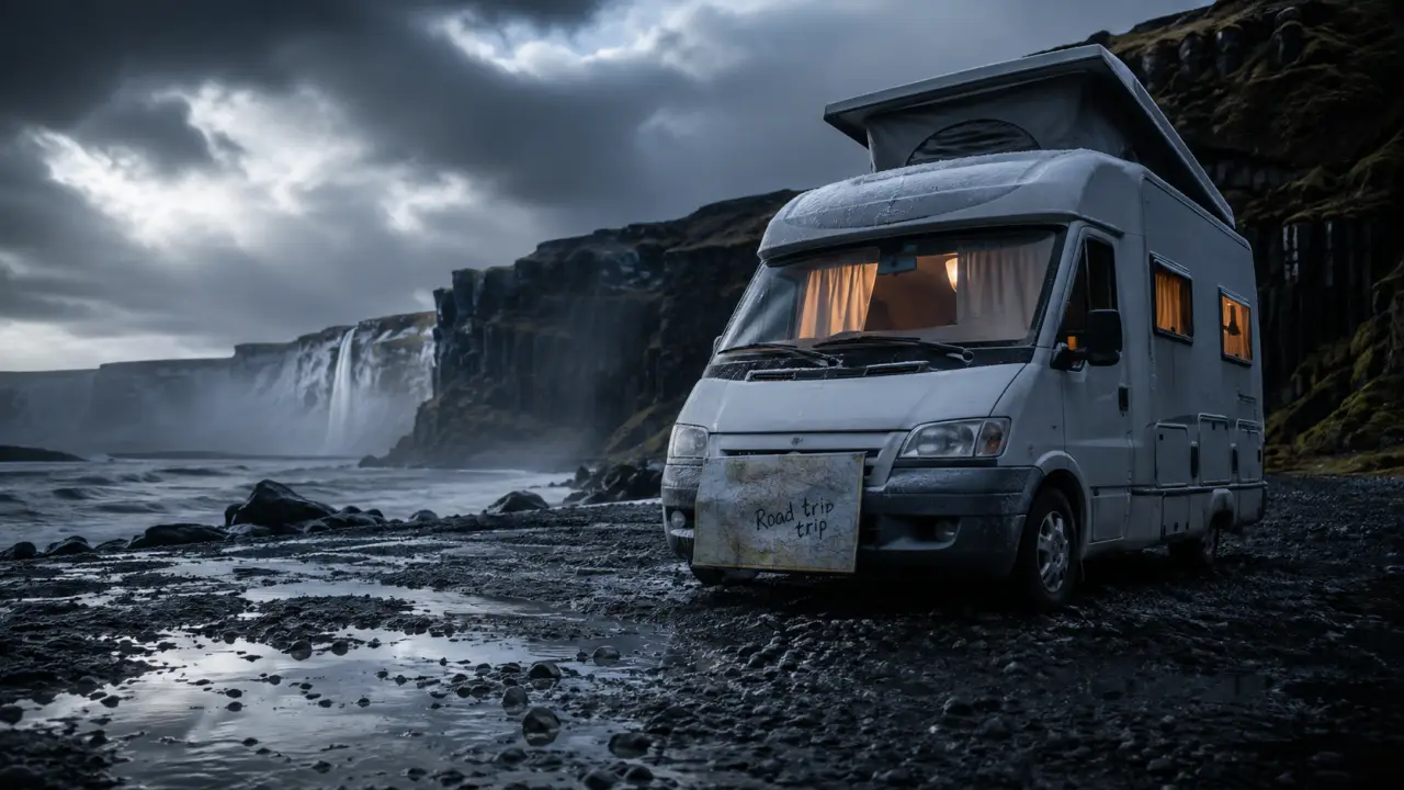 Road trip camping car en Islande sous météo froide, près d’une cascade brumeuse