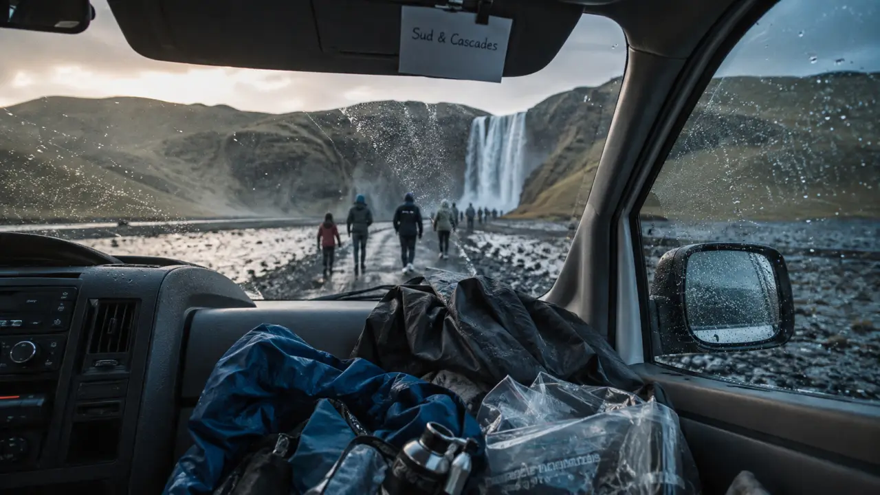 Road trip en famille en Islande, voiture sous la pluie vers une cascade Sud
