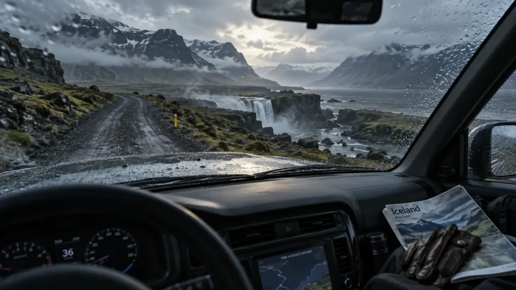 Road trip Islande 10 jours blog : route humide et cascade lointaine