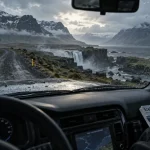 Road trip Islande 10 jours blog : route humide et cascade lointaine