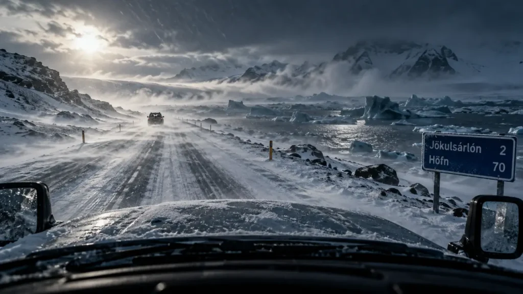 Road trip Islande 10 jours hiver : voiture sur route enneigée, lagune glaciaire