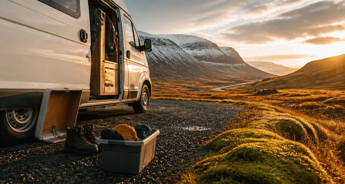 Road trip Islande 10 jours van : campervan blanc en parking