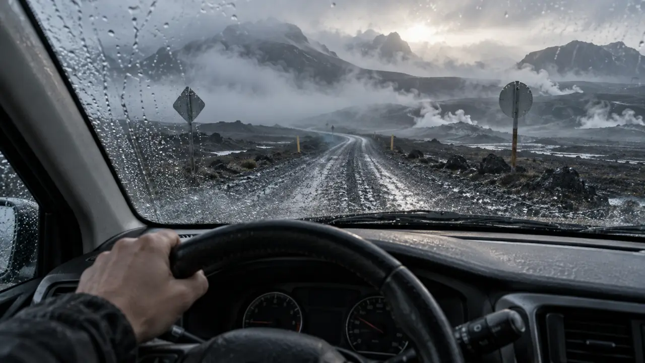 Road trip Islande 12 jours, Route 1 dans le brouillard depuis la voiture