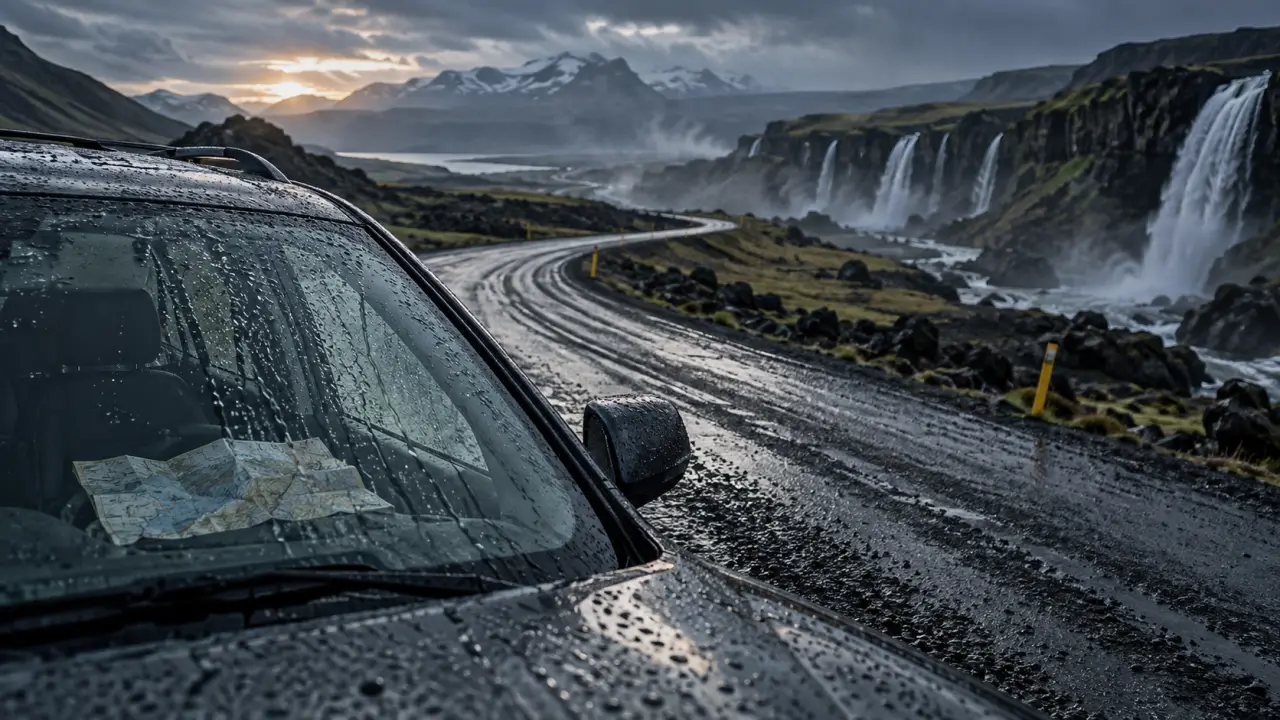 Road trip Islande 15 jours blog : route circulaire sous la pluie, voiture et carte