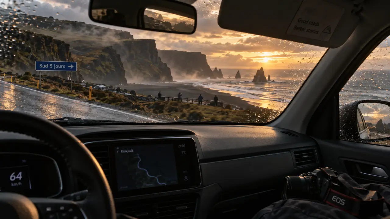 Road trip islande 5 jours Sud : route côtière et plage de sable noir, golden hour