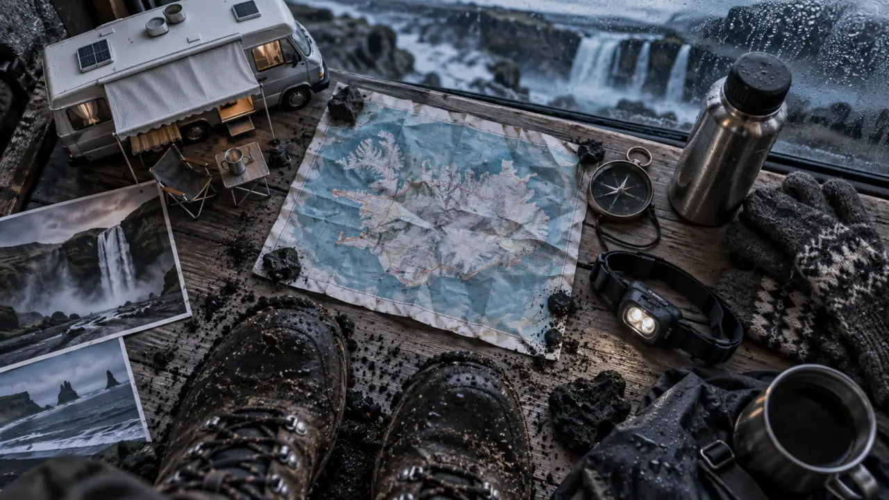 Road trip Islande camping car, camping-car miniature et carte routière