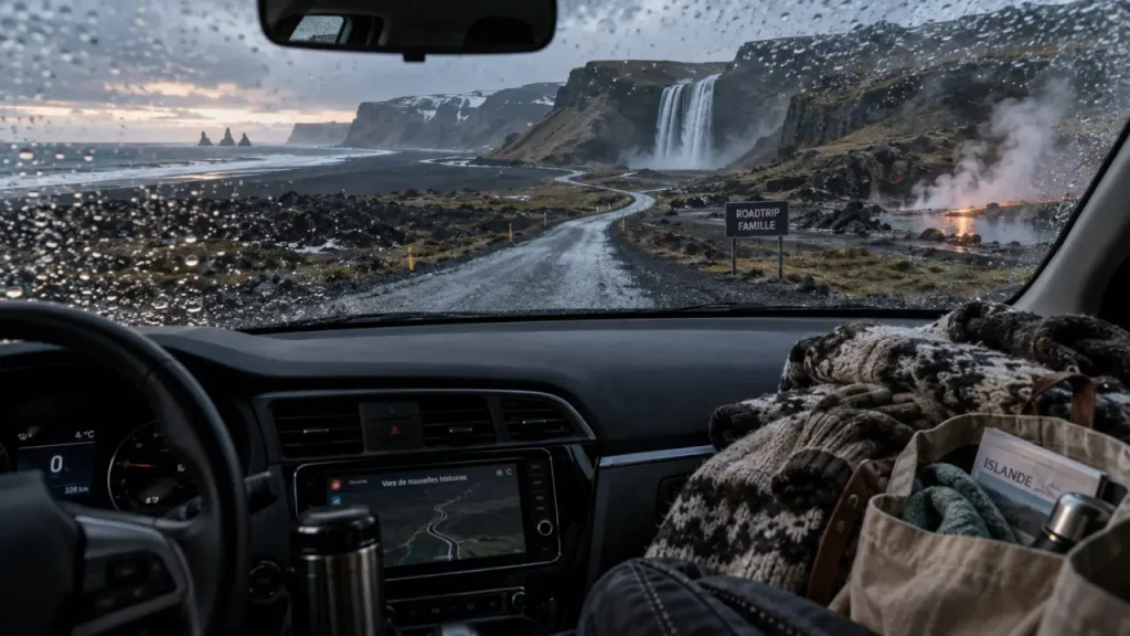 Road trip Islande famille : voiture familiale sur route vers cascade