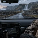 Road trip Islande famille : voiture familiale sur route vers cascade