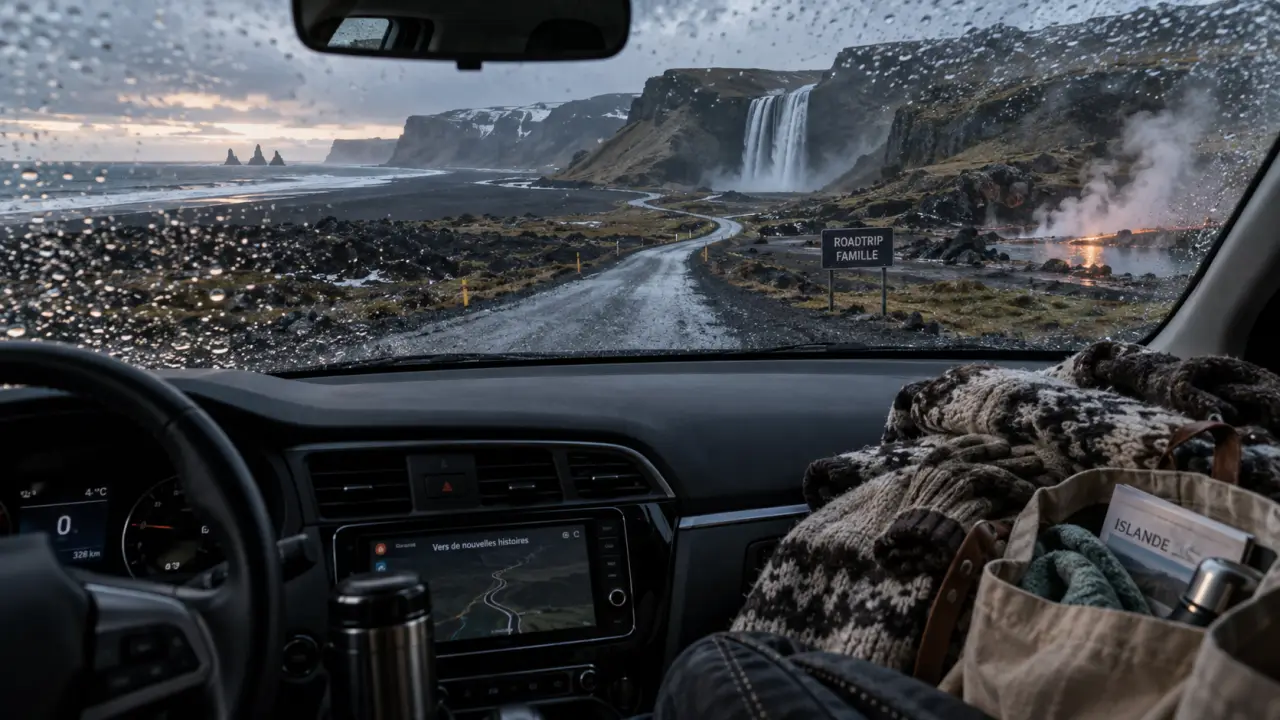 Road trip Islande famille : voiture familiale sur route vers cascade