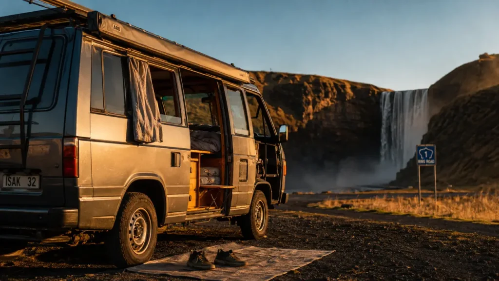 Road trip van en Islande : van sur sol volcanique noir, golden hour, cascade au loin