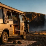 Road trip van en Islande : van sur sol volcanique noir, golden hour, cascade au loin