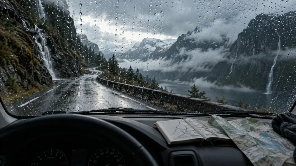 Séjour de vacances road trip en Islande : voiture de location sous la pluie près des cascades