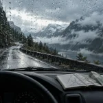 Séjour de vacances road trip en Islande : voiture de location sous la pluie près des cascades