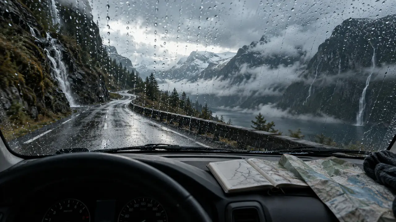 Séjour de vacances road trip en Islande : voiture de location sous la pluie près des cascades