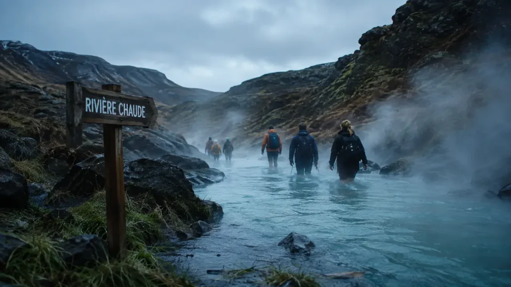 Sources chaudes en Islande, rivière sauvage avec eau turquoise fumante