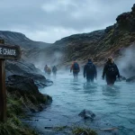 Sources chaudes en Islande, rivière sauvage avec eau turquoise fumante
