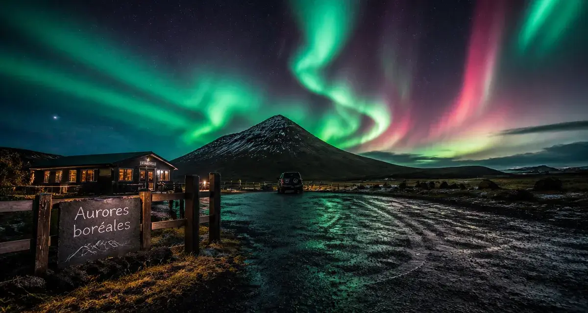 Voyage islande aurore boréale : aurore verte sur route et parking islandais nocturne