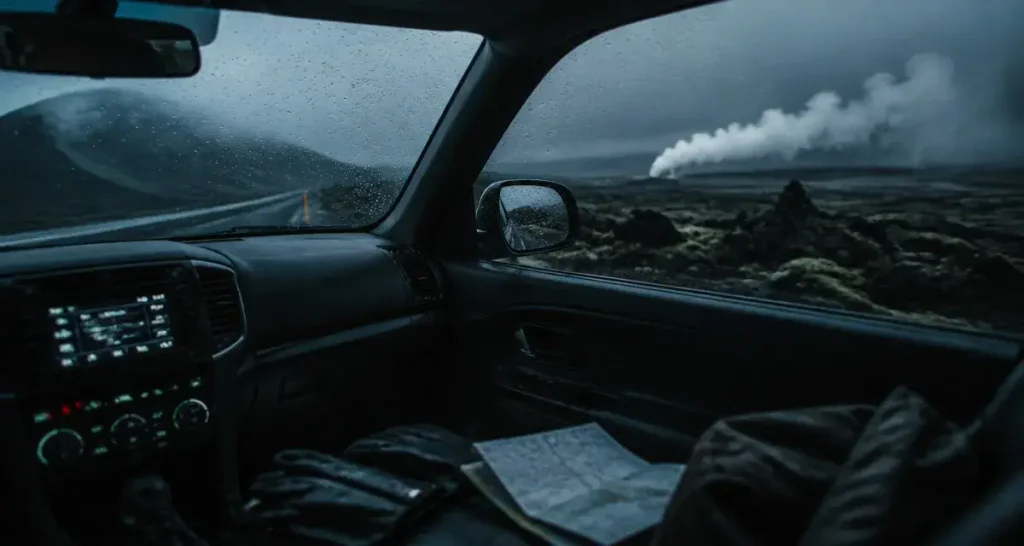 Voyage islande autotour : SUV sur la Route 1 sous la pluie, Islande