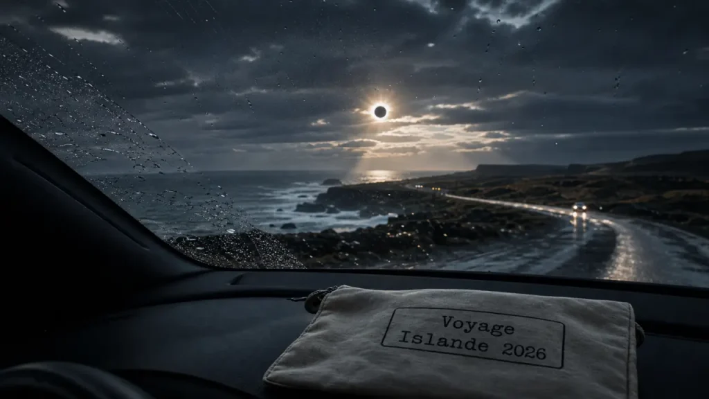 Voyage Islande eclipse 2026 : road trip ouest, pare-brise pluie, soleil partiellement occulté