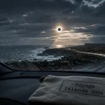Voyage Islande eclipse 2026 : road trip ouest, pare-brise pluie, soleil partiellement occulté