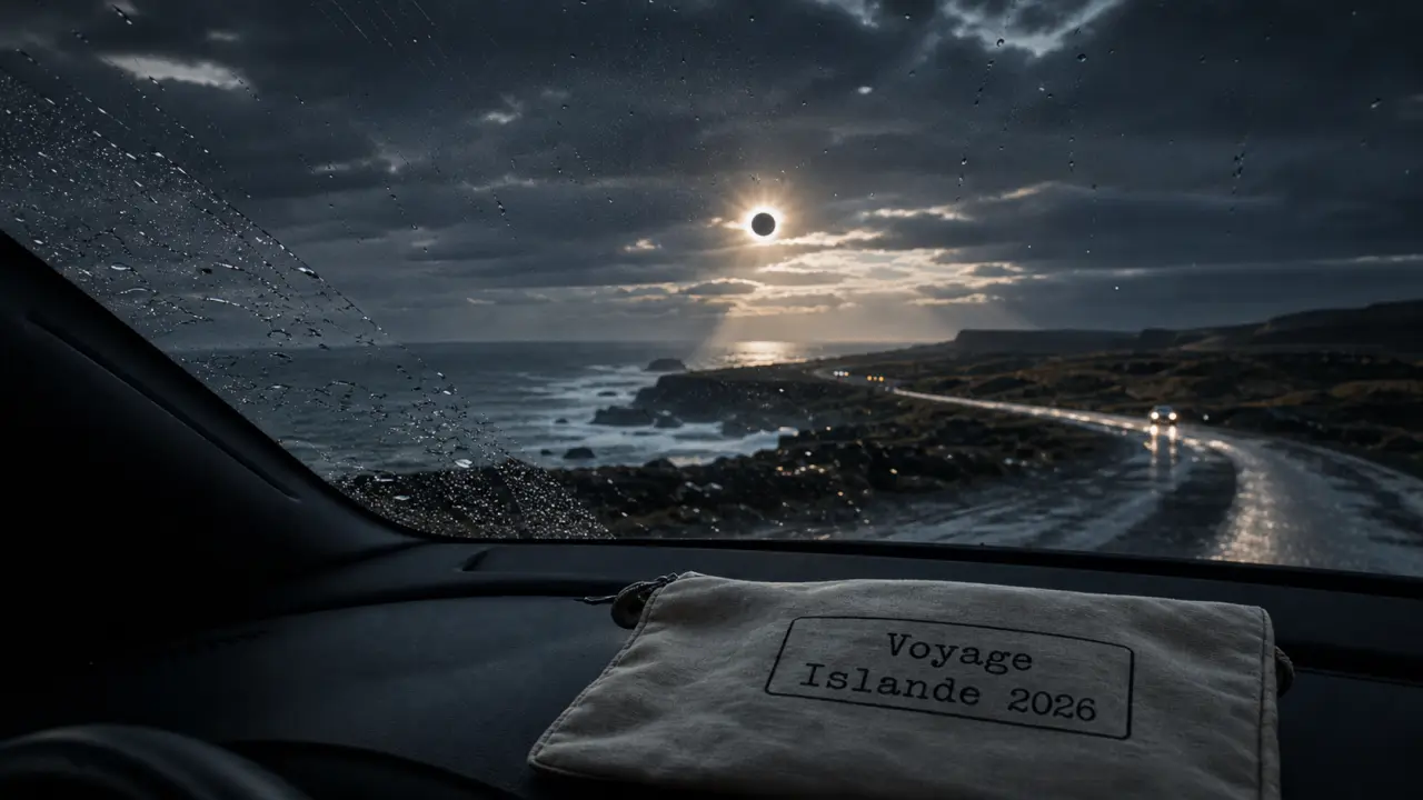 Voyage Islande eclipse 2026 : road trip ouest, pare-brise pluie, soleil partiellement occulté
