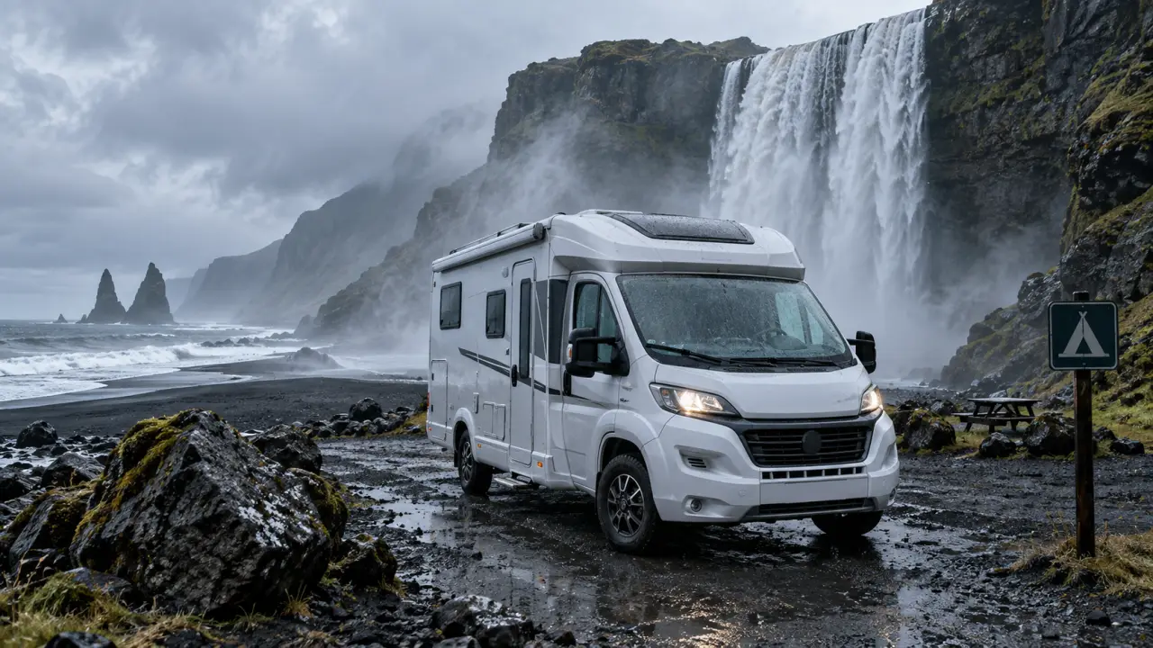 Voyage islande en camping car près d’une cascade, camping-car blanc