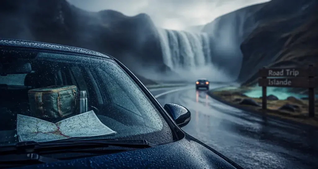 Voyage islande road trip en 4x4, cascade sur route humide
