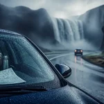 Voyage islande road trip en 4x4, cascade sur route humide