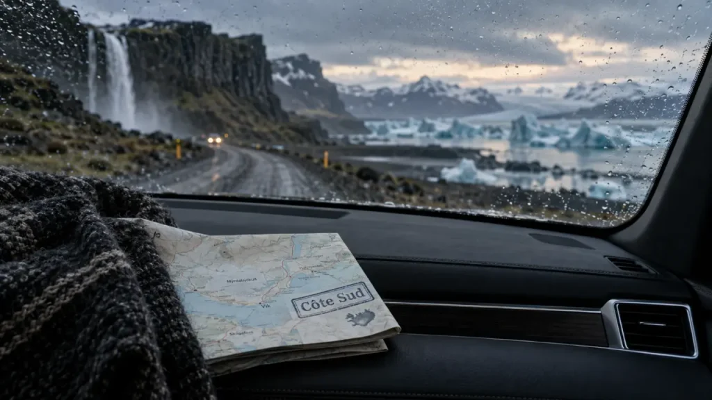 Voyage luxe Islande : SUV premium, route humide, glacier et icebergs