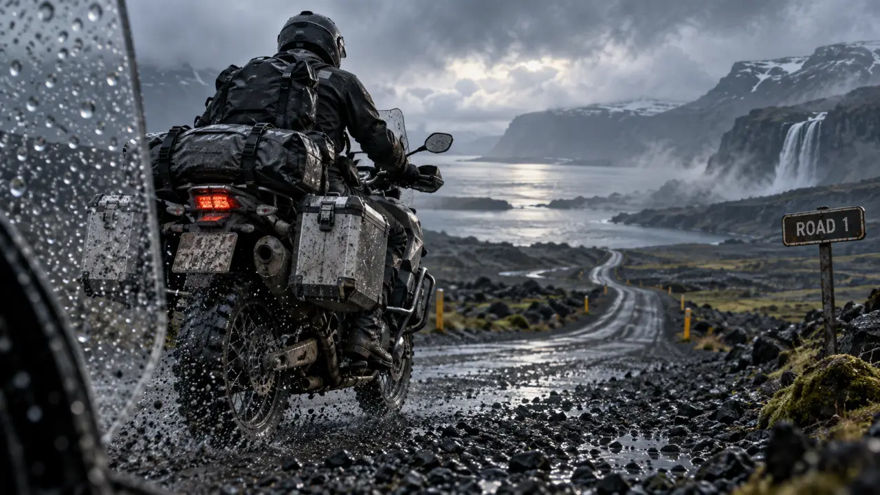 Voyage moto Islande : moto sur route 1 sous la pluie