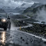 Photo voyage road trip en Islande : voiture sur route avec cascade et vapeur