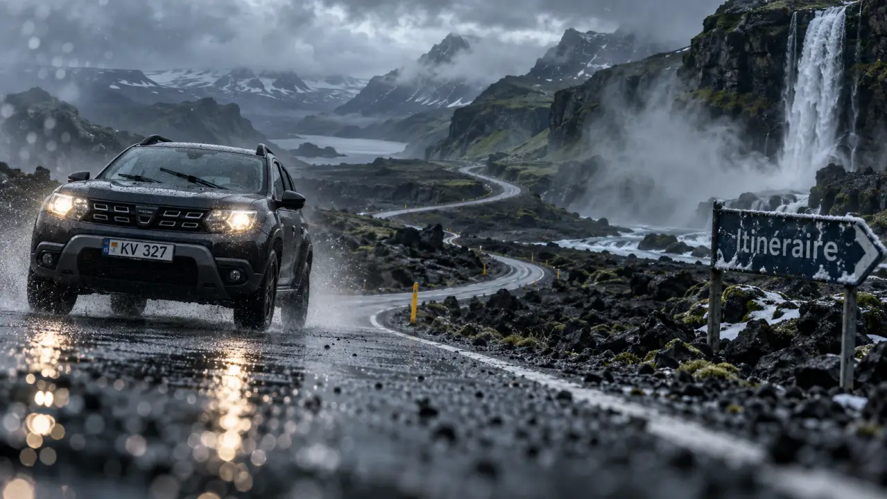 Photo voyage road trip en Islande : voiture sur route avec cascade et vapeur