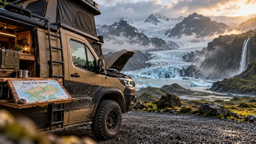 Camping car Islande sur la Route 1, van près d’un glacier