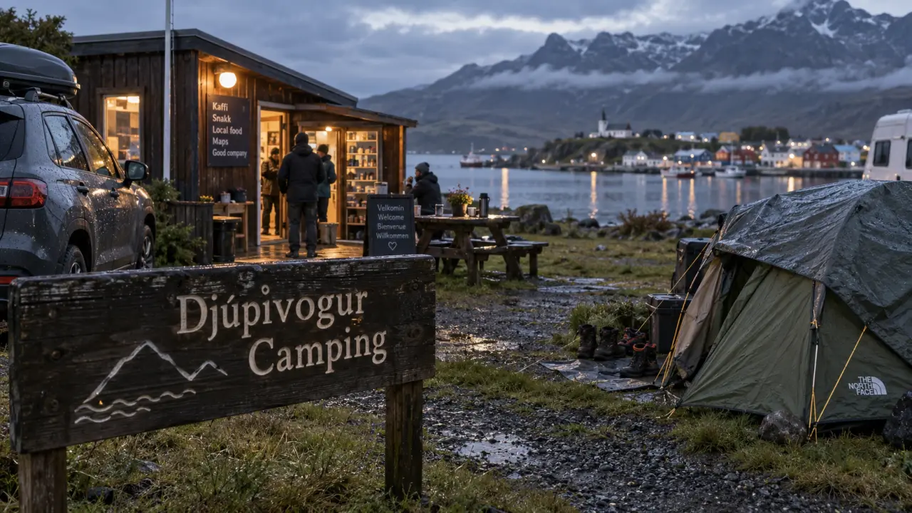Camping djupivogur islande : emplacement avec tente près du fjord