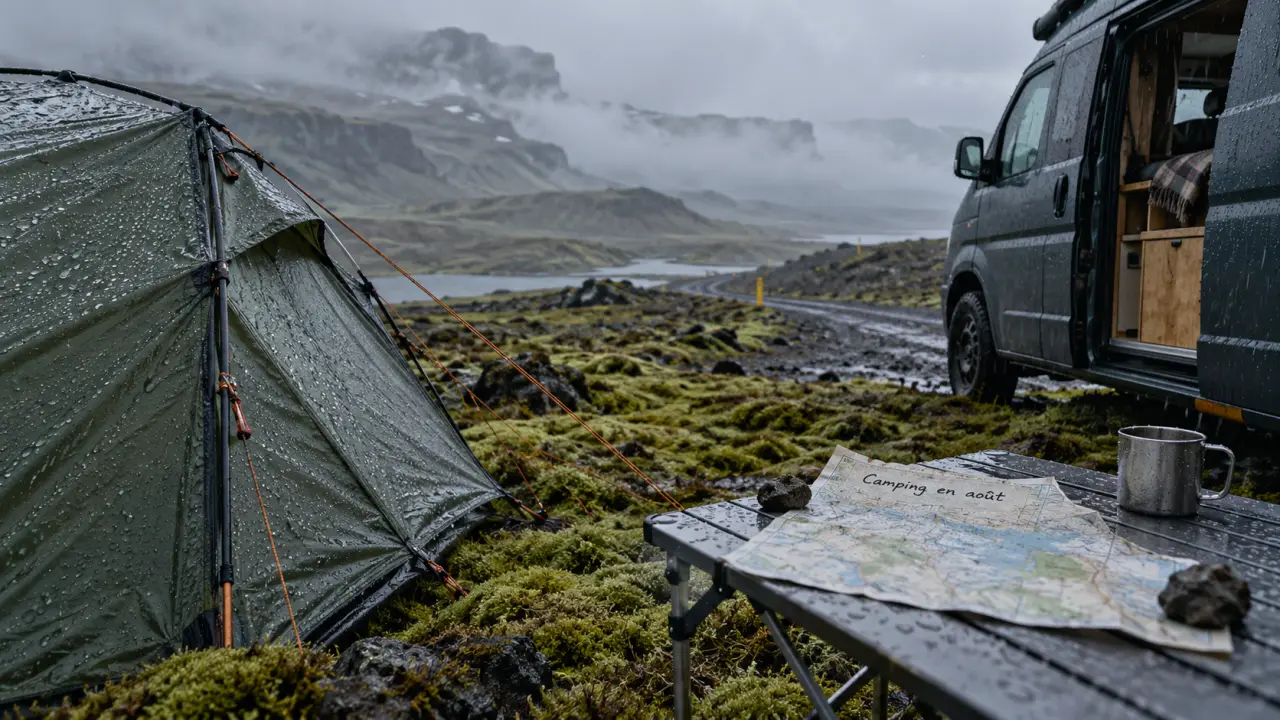 Camping Islande aout : tente sous vent et pluie, van aménagé