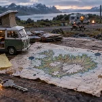 Camping islande carte avec Camping Card et van miniature